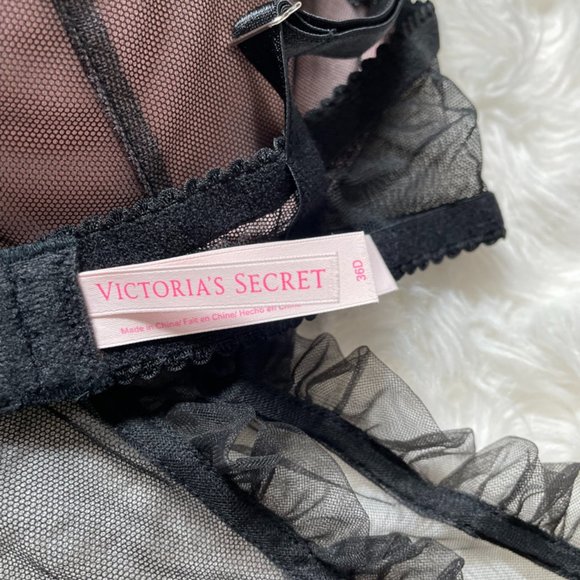 NWOT Victoria's Secret French Maid Mesh Ruffle Sequin push up, Ribbon, Black 36D - Picture 8 of 13